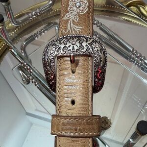 Tooled Leather Western Belt with Ornate Silver Buckle